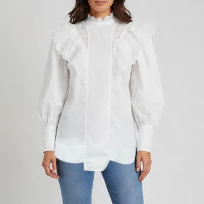 Pre-owned Ganni White Cotton And Lace Trim Ruffled High Neck Blouse S