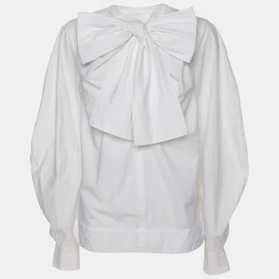 Pre-owned Ganni White Cotton Cropped Sleeve Bow Top Xs