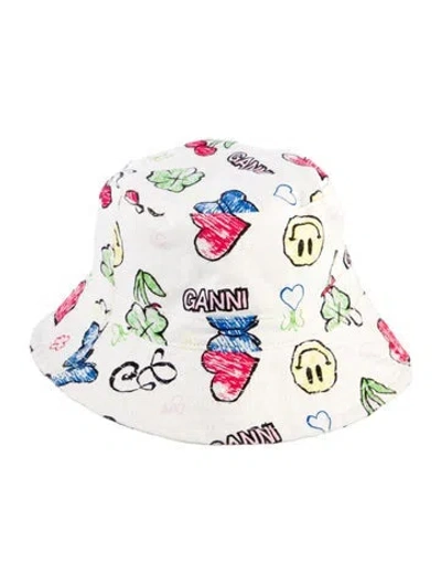 Pre-owned Ganni White Cotton Pattern Print Bucket Hat