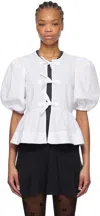 Ganni Poplin Front-tie Peplum Blouse With Puffed-sleeves In 151 Bright White