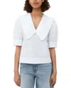 GANNI WHITE COTTON POPLIN V NECK RUFFLE BLOUSE