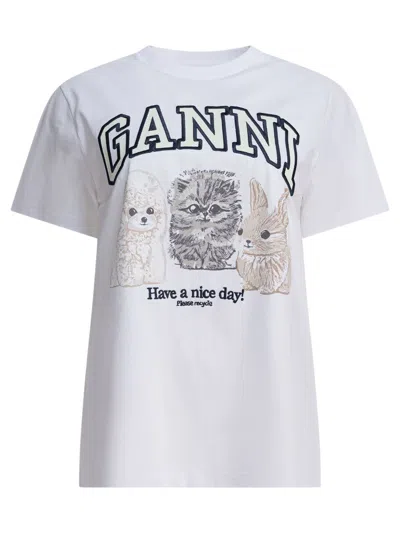 GANNI WHITE CREWNECK T-SHIRT WITH MAXI LOGO ON THE FRONT IN COTTON WOMAN