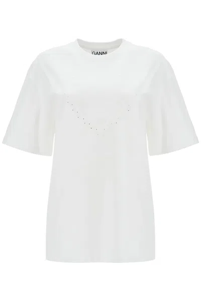 Ganni Rhinestone Logo Embroidery T-shirt In White