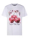 Ganni White T-shirt With Cherry Print And Logo Lettering On The Front In Cotton Woman In Blanco