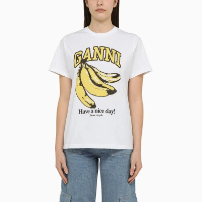 GANNI WHITE COTTON T-SHIRT WITH LOGO PRINT