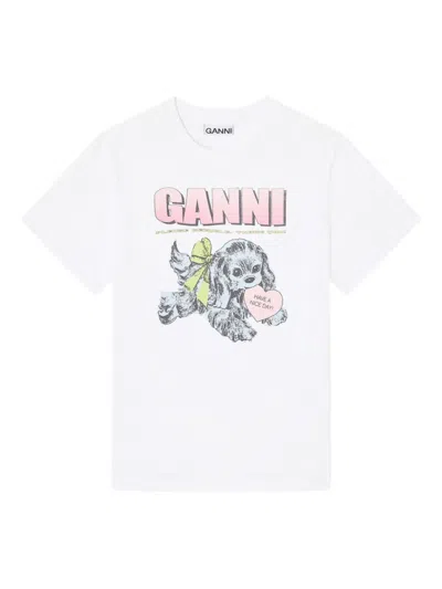 GANNI WHITE CREWNECK GRAPHIC T-SHIRT