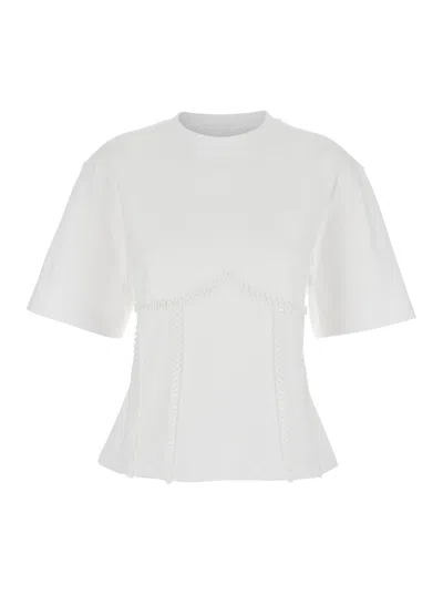 GANNI WHITE CREWNECK T-SHIRT WITH FRONT EMBELLISHMENTS AND REAR BOW CLOSURE