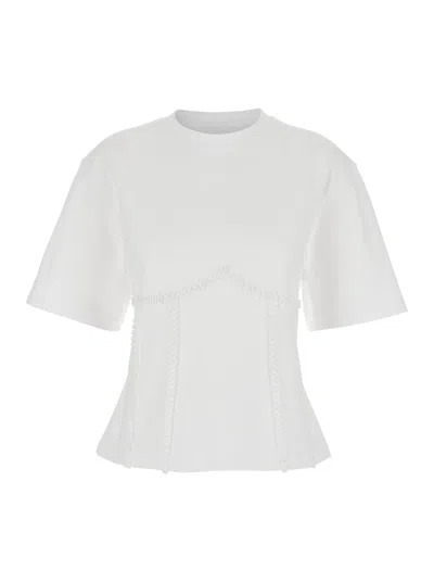 Ganni White Crewneck T-shirt With Front Embellishments And Rear Bow Closure