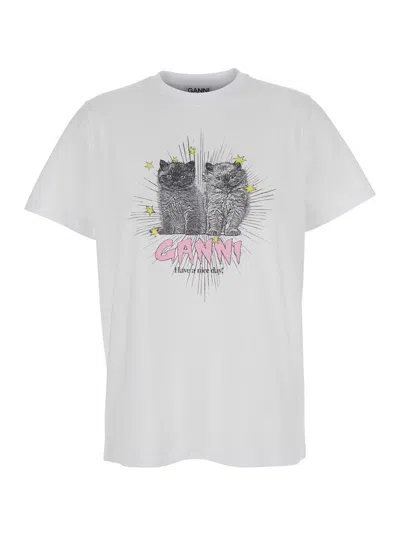 Ganni White Crewneck T-shirt With Logo Print On The Front In Cotton Woman
