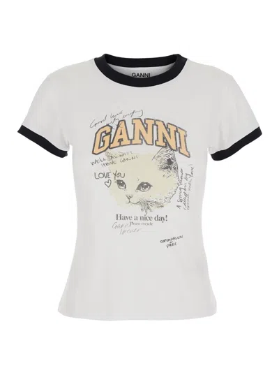GANNI WHITE CREWNECK T-SHIRT WITH MAXI LOGO ON THE FRONT IN COTTON JERSEY WOMAN
