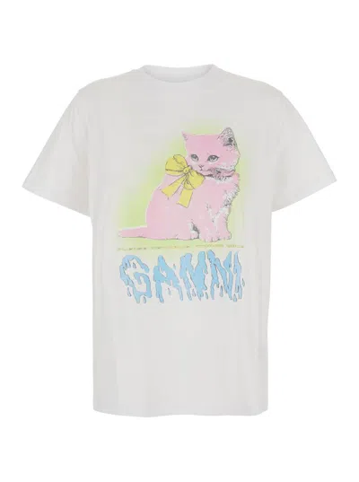 GANNI WHITE CREWNECK T-SHIRT WITH MAXI LOGO ON THE FRONT IN COTTON JERSEY WOMAN