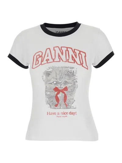Ganni White Crewneck T-shirt With Maxi Print On The Front In Cotton Woman