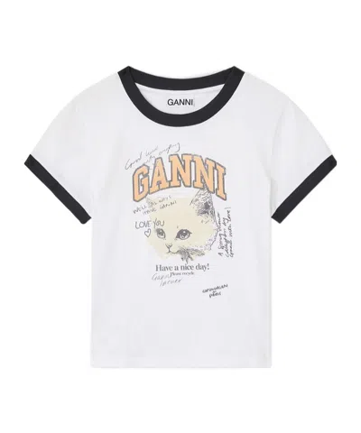 GANNI WHITE CROPPED KITTY T-SHIRT