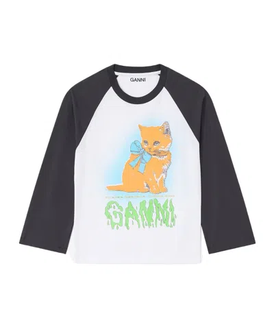 GANNI WHITE CROPPED KITTY T-SHIRT
