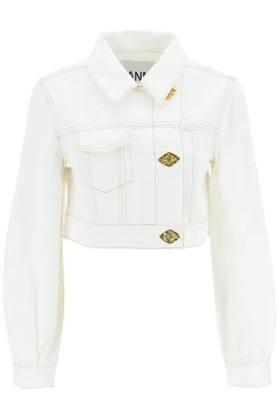 GANNI WHITE DENIM CROPPED JACKET FOR WOMEN | SS23 COLLECTION
