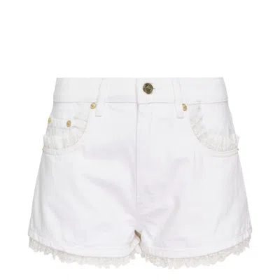 Ganni White Denim Lace Mini Shorts In Multi