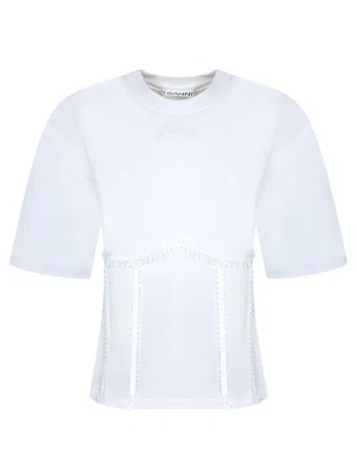 Ganni White Crewneck T-shirt With Front Embellishments And Rear Bow Closure