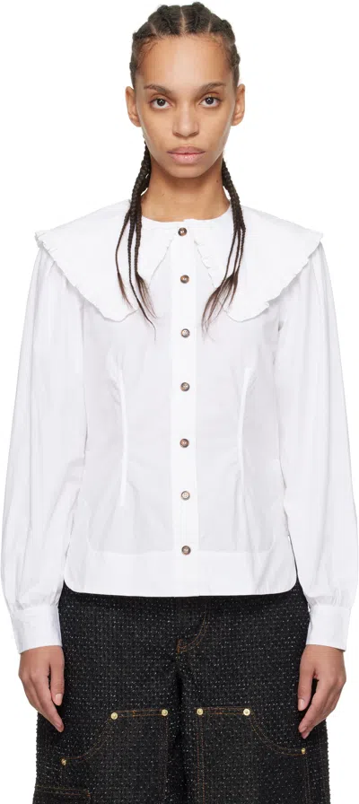 Ganni White Frill Collar Poplin Shirt In 151 Bright White