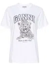 Ganni White T-shirt With Print And Logo Lettering On The Front In Cotton Woman In Multicolor