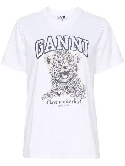 GANNI WHITE FRONT EMBROIDERED LOGO T-SHIRT