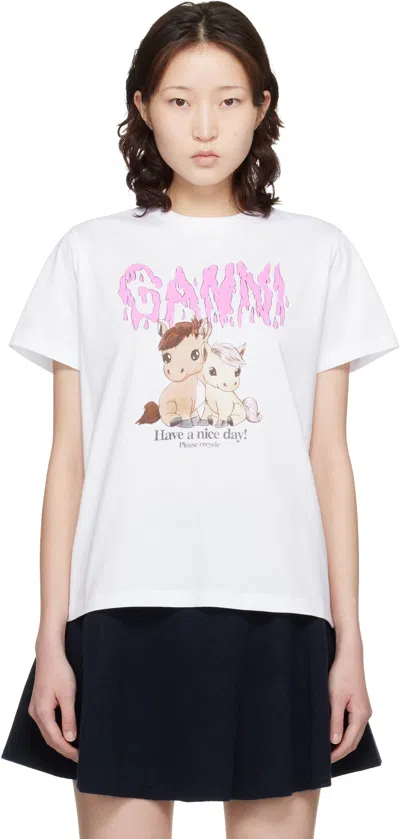 Ganni ホワイト グラフィック コットン Tシャツ In White