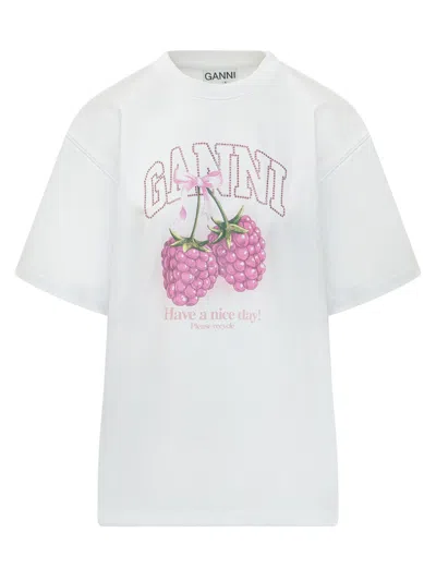 GANNI WOMEN WHITE GRAPHIC CREW NECK T-SHIRT, M LUXURY T-SHIRTS FOR WOMEN DARVEYS