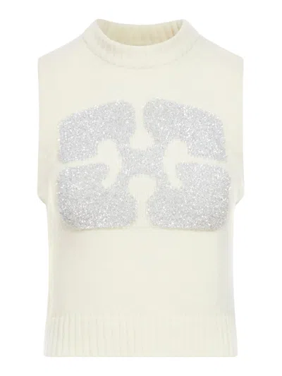 Ganni White Graphic Wool Mix Vest In Nude & Neutrals