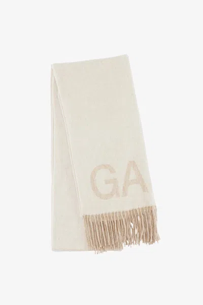 Ganni Womens Egret Logo-print Recycled Wool-blend Scarf