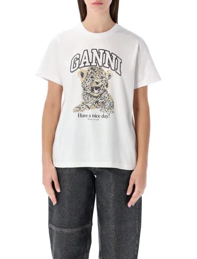 Ganni Leopard Print Organic Cotton T-shirt In White