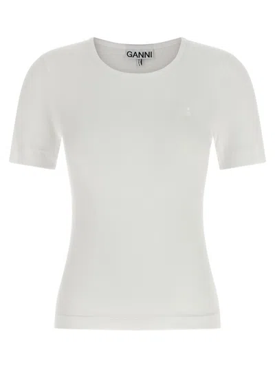 Ganni Ribbed Logo-embroidered T-shirt In White