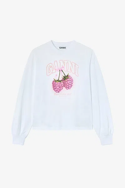 GANNI GANNI WHITE LONG-SLEEVE T-SHIRT WITH RASPBERRIES - SIZE XL ORGANIC COTTON