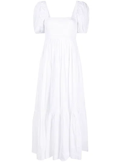 Ganni White Organic Cotton Maxi Dress With Square Neckline And Puff Sleeves