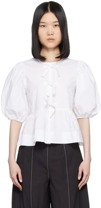 Ganni Crewneck Cotton Peplum Top Flounces In White