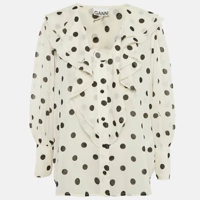 Pre-owned Ganni White Polka Dot Print Crepe Ruffled Top M