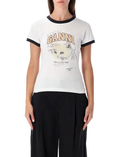 GANNI WHITE PRINTED T-SHIRT