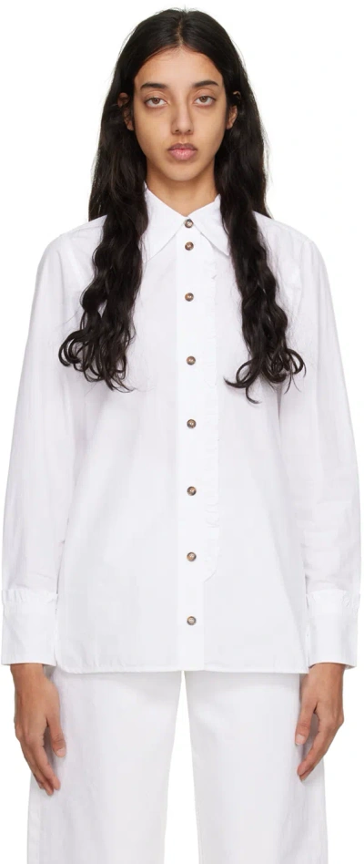 Ganni Long Sleeve Cotton Poplin Ruffle Shirt In White
