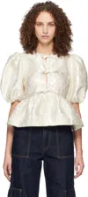 Ganni ホワイト サテン ペプラム タイ ブラウス In White