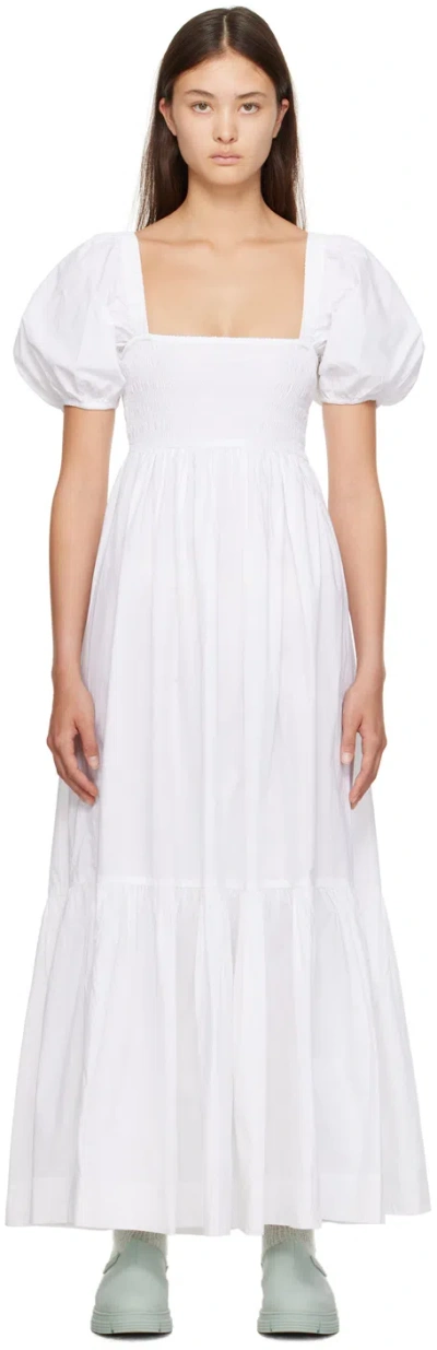 Ganni Smocked Organic Cotton-poplin Midi Dress In Bright White
