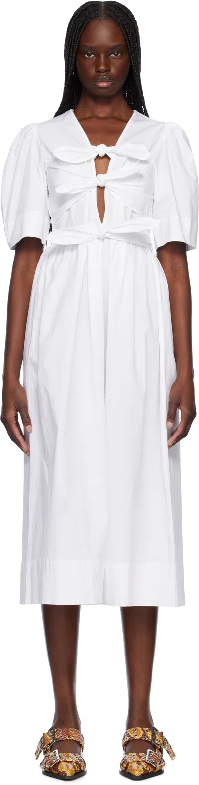 Ganni White Stretch Cotton Tie Strap Midi Dress In 151 Bright White