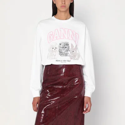 GANNI WHITE SWEATER WITH LOGO PRINT