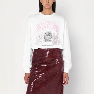 GANNI GANNI WHITE SWEATER WITH LOGO PRINT