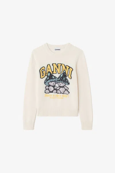 GANNI WHITE SWEATER WITH MUSHROOM TEDDY - SIZE XXS WOOL