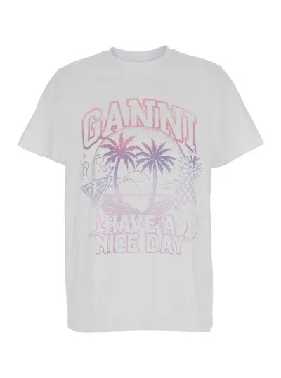 GANNI WHITE T-SHIRT WITH GANNI COCKTAIL PRINT IN JERSEY WOMAN