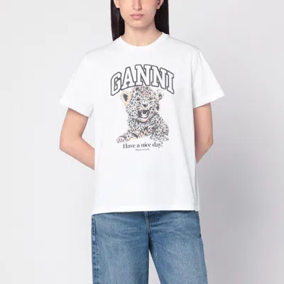 GANNI WHITE T-SHIRT WITH LEOPARD PRINT