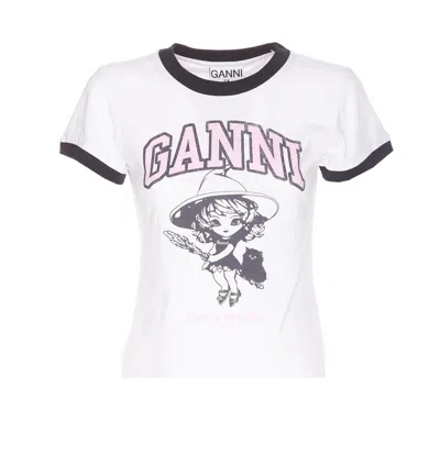 Ganni White T-shirt With Lettering Logo And Front And Back Print In Cotton Woman