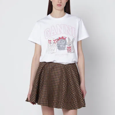 Ganni Graphic Print Crew Neck Short Sleeve Top In White
