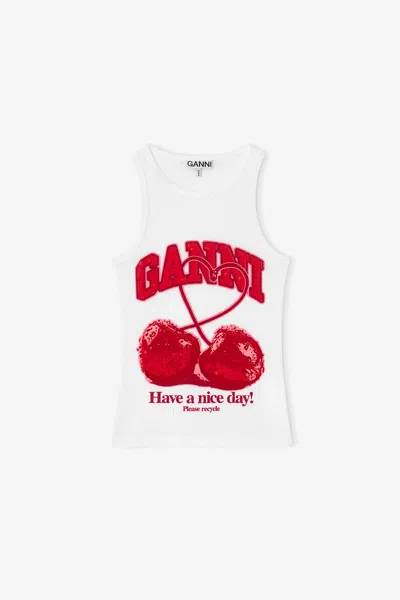 Ganni White Tank Top With Cherry - Size Xxs Organic Cotton