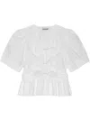 Ganni White Washed Stretch Cotton Tie Strap Blouse