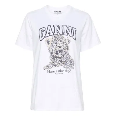 Ganni Logo-embroidered Crewneck T-shirt In White