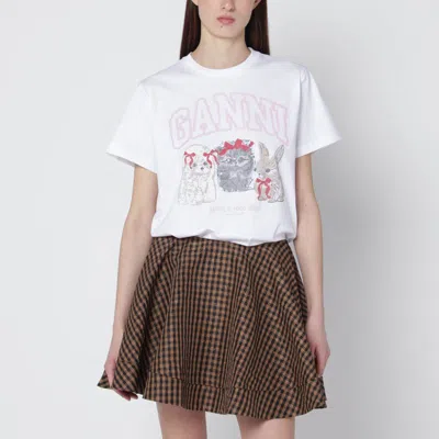 Ganni White Tshirt With Logo Print In Brown